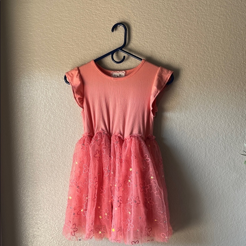 btween Youth Girls Pink Floral Embroidered Lace-Trimmed Dress Short Sleeve Sz 10